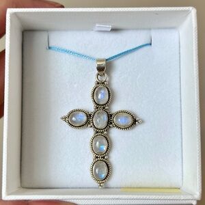 Rainbow Blue MoonStone Cross Pendant Sterling Silver 925 For Necklace
